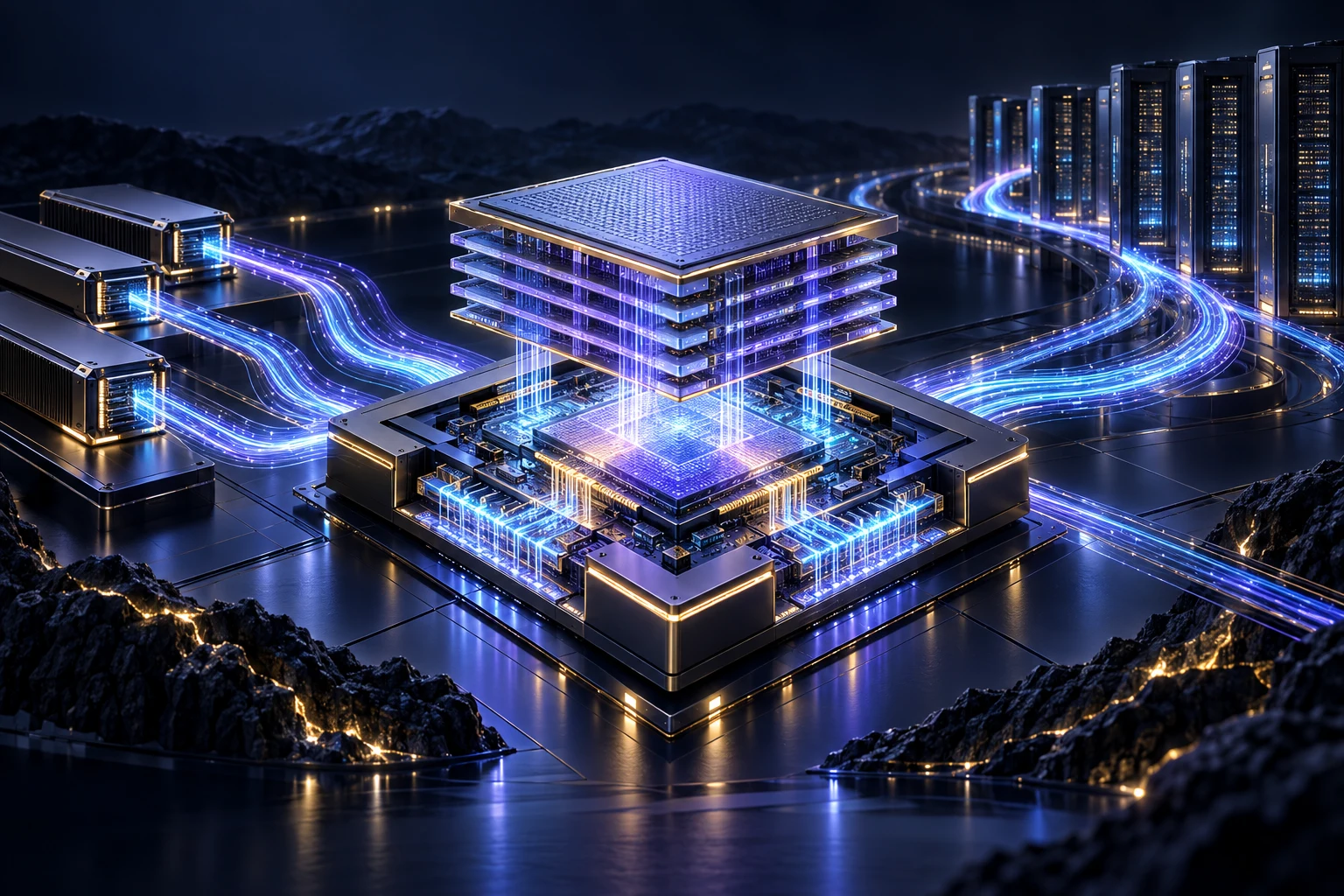 Illustrated memory stacks and data pathways surrounding an AI compute core